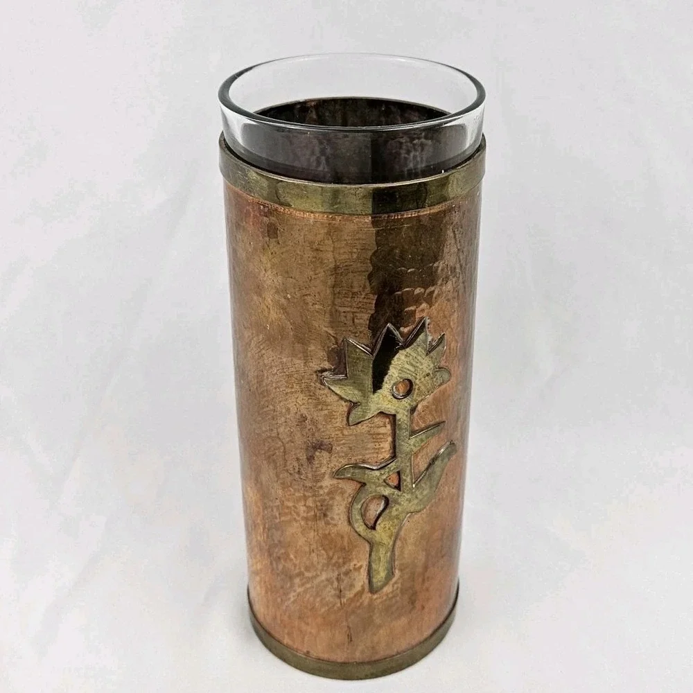 Hammered Copper Vase Applied Brass Flower Vintage Folk Art Arts & Crafts